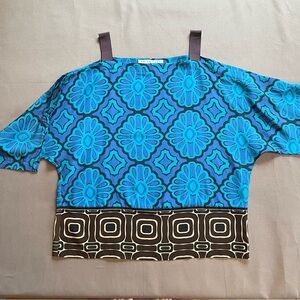 Trina Turk Blue and Black/Brown 100%Silk Patterned Off the Shoulder Top Sz S